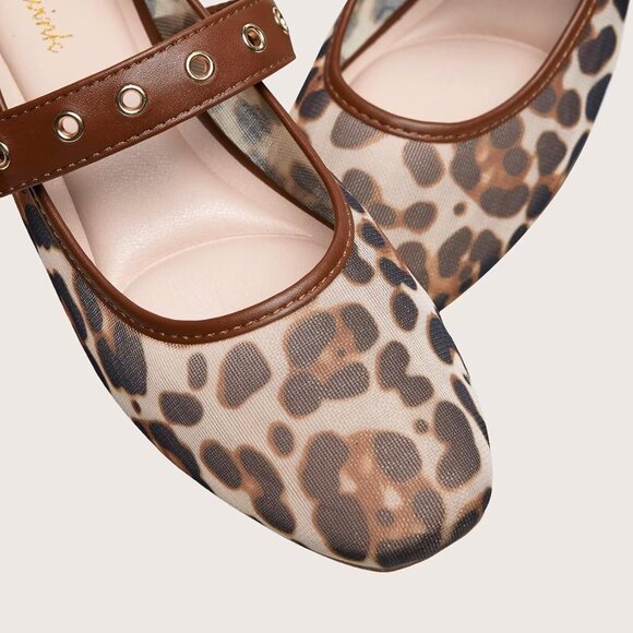Women Mesh Leopard Polyurethane (PU) Closed Toe Strap Buckle Ballerina Flats - Picture 2 of 6